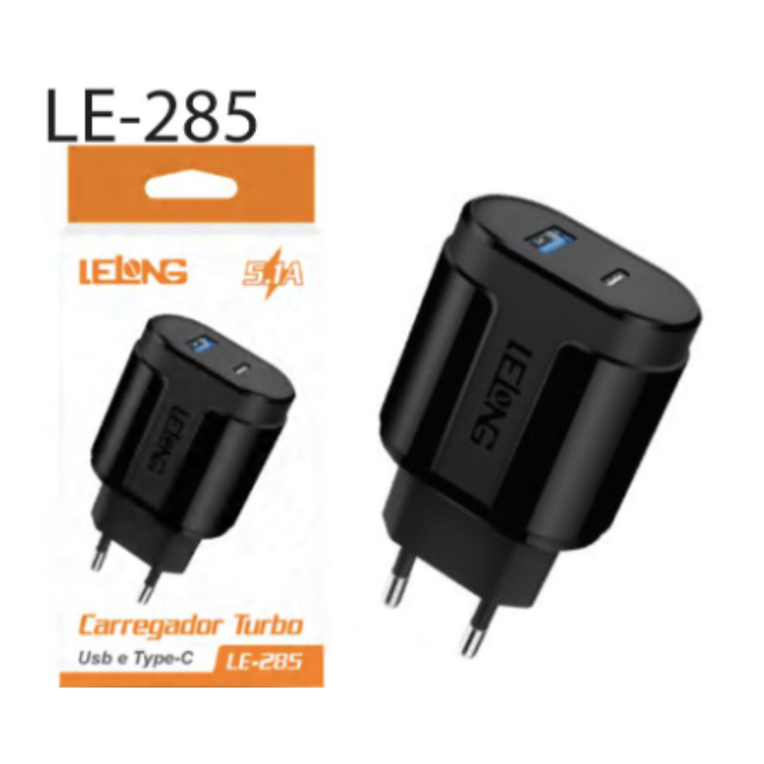 Fonte Carregador Tipo C E Usb Turbo 5.1a Lelong Le-285 Cor Preto