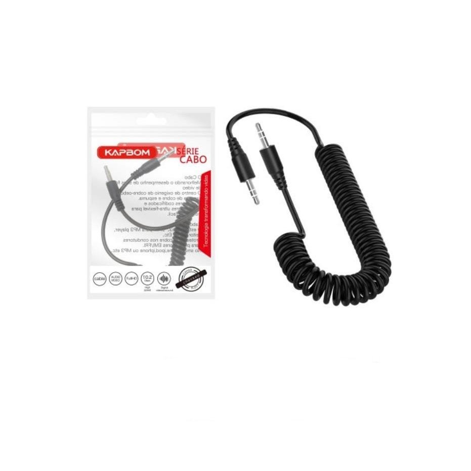Cabo Auxiliar Kapbom Espiral Mola P2 + P2 Stereo Áudio Mp3 Mp4 Saquinho Modelo kap-UH035 