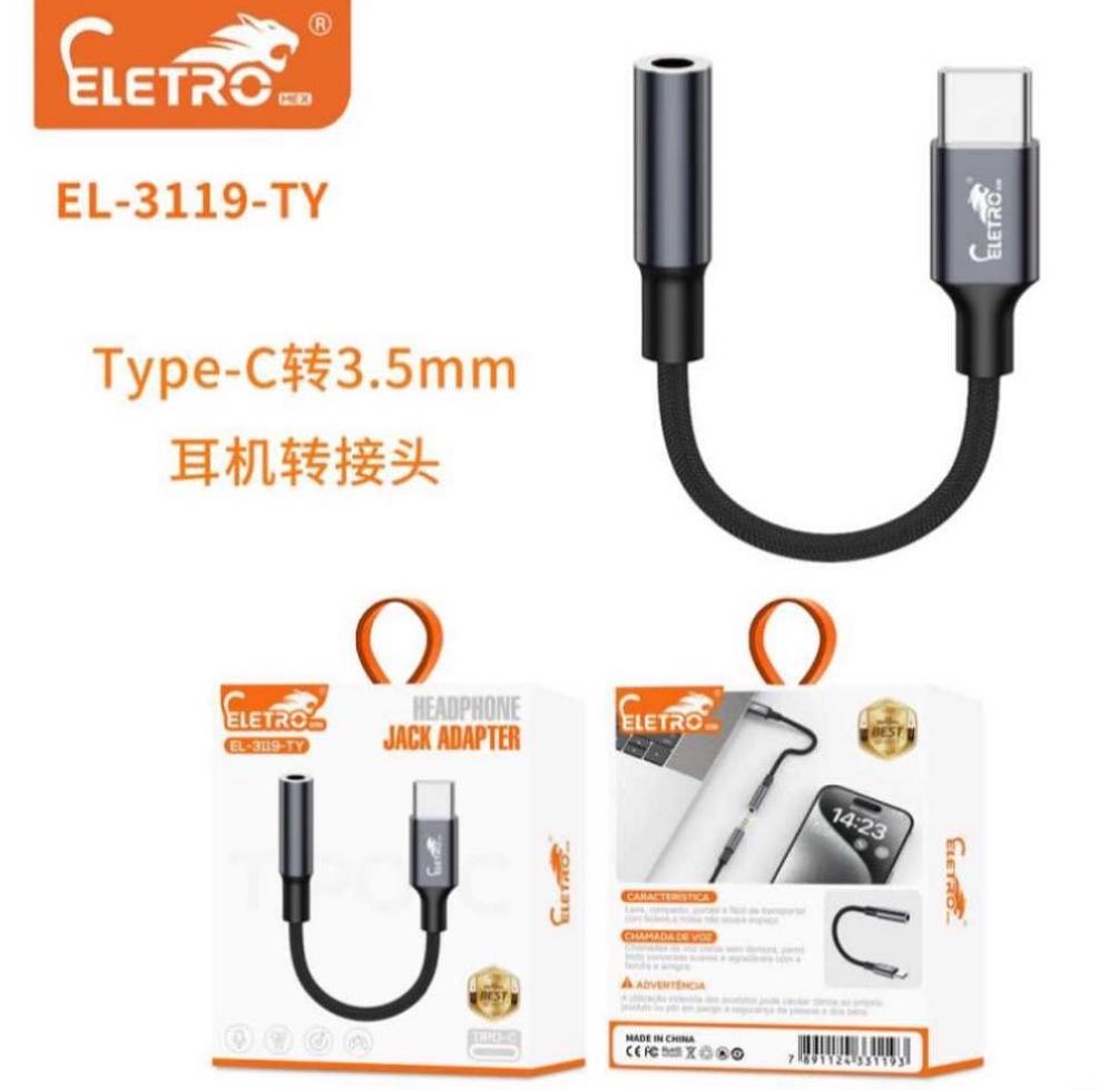 Cabo Adaptador Fone De Ouvido Usb-c Tipo-C Entrada P2 Modelo EL-3119-TY 