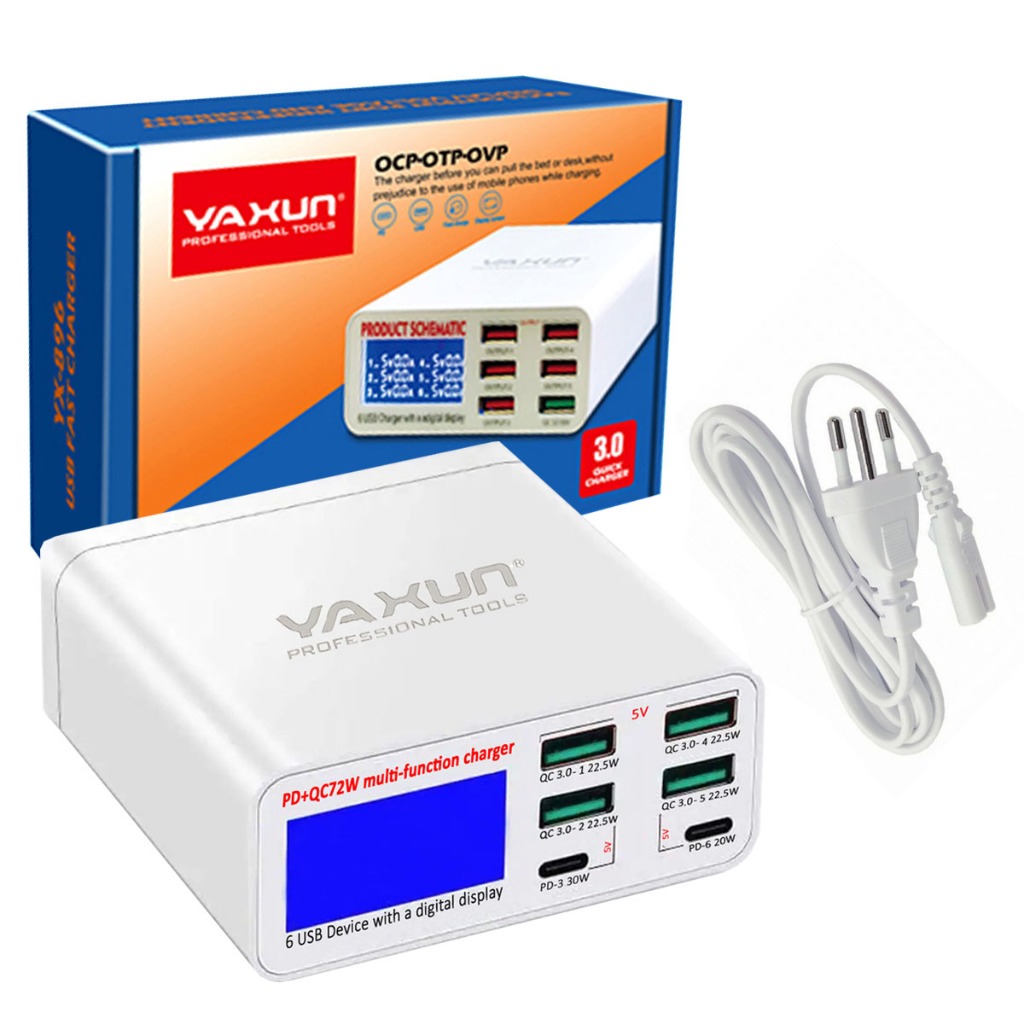 4044-0-Carregador 6 Portas Yaxun Usb Tipo-C Display Digital Medidor De Voltagem QC 3.0 Modelo YX-896C