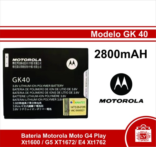 94-2881-Bateria Motorola Moto G4 Play XT-1600 / G5 XT-1672/ E4 XT-1762 GK40 Capacidade 2685 / 2800mAh - Bateria Original