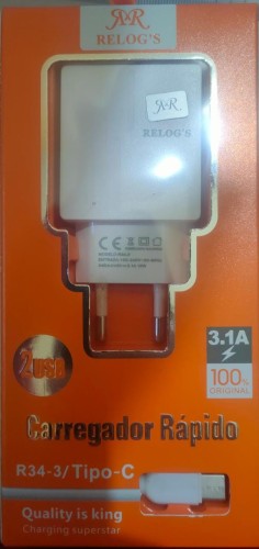 685-0-Carregador Rápido Relog's 3 USB 3.1A Cabo Tipo-C Mod: R34-3