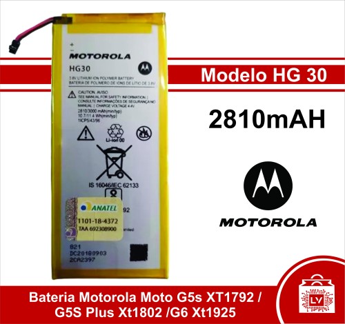 102-1490-Bateria Motorola Moto G5s XT-1792 / G5S Plus XT-1802 / G6 XT-1925 Capacidade 2810 mAh Modelo HG30 - Bateria Original