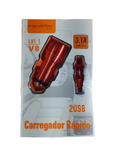 2391-2173-Caregador H,Maston Veicular Micro V8 Com 2 USB Alto Velocidade Modelo L01-1 Cor Vermelho