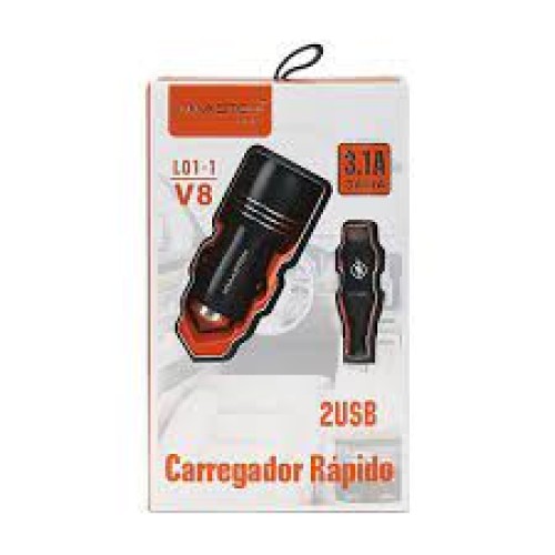 2391-2172-Caregador H,Maston Veicular Micro V8 Com 2 USB Alto Velocidade Modelo L01-1 Cor Preto