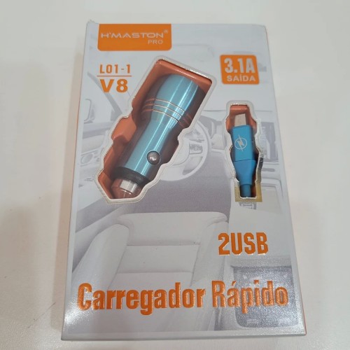 2391-2176-Caregador H,Maston Veicular Micro V8 Com 2 USB Alto Velocidade Modelo L01-1 Cor Azul
