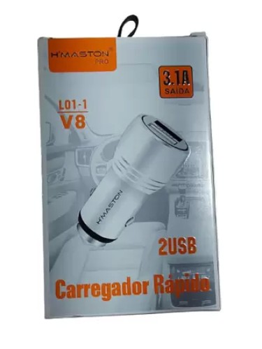 2391-2175-Caregador H,Maston Veicular Micro V8 Com 2 USB Alto Velocidade Modelo L01-1 Cor Prata