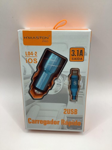 2392-2181-Caregador H,Maston Veicular IPhone IOS Com 2 USB Alto Velocidade Modelo L04-2 Cor Azul