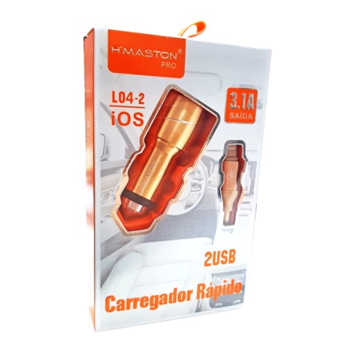 2392-2179-Caregador H,Maston Veicular IPhone IOS Com 2 USB Alto Velocidade Modelo L04-2 Cor Dourado